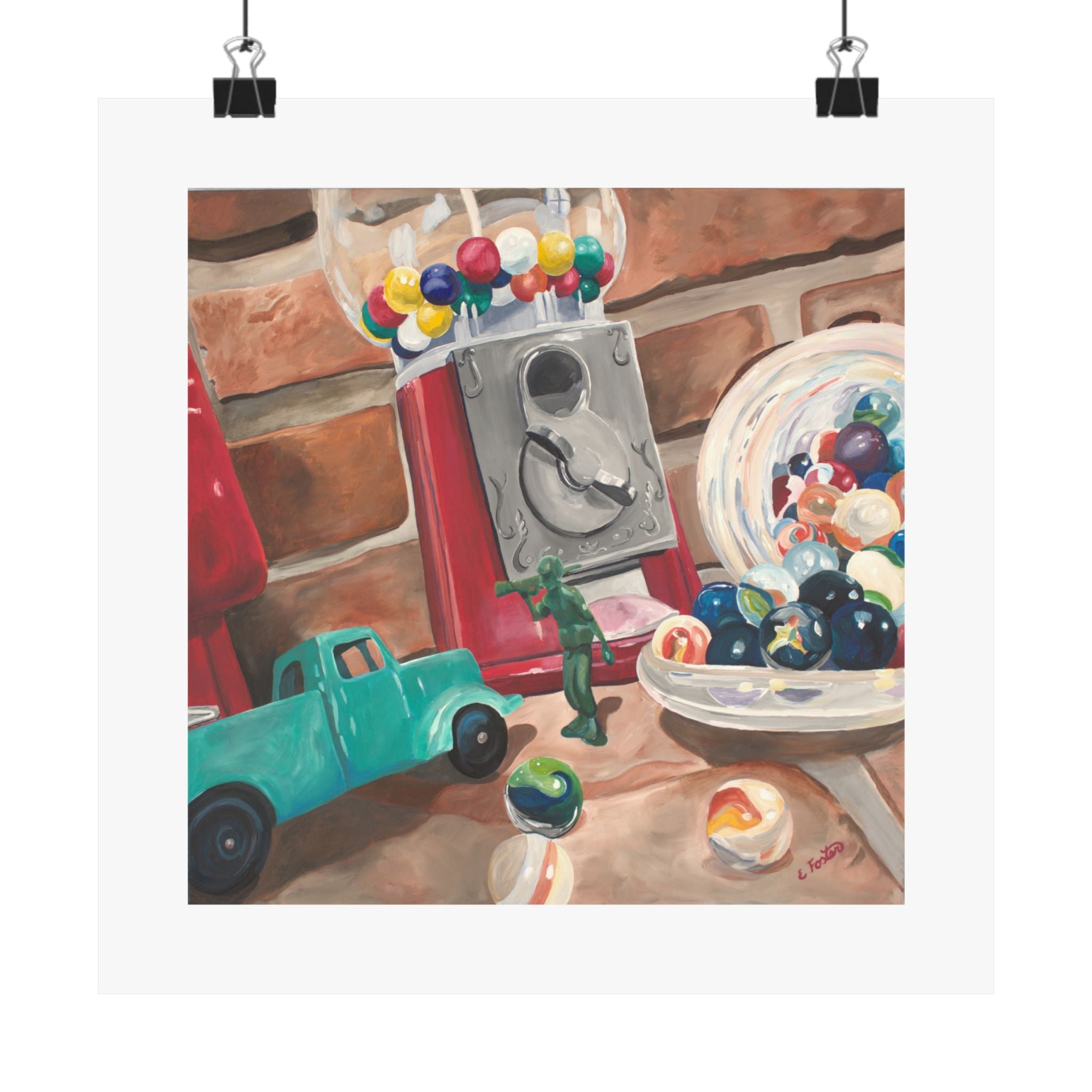 Vintage Toy Still Life Matte Poster — Gumball Machine, Marbles & Toy Truck Art Print