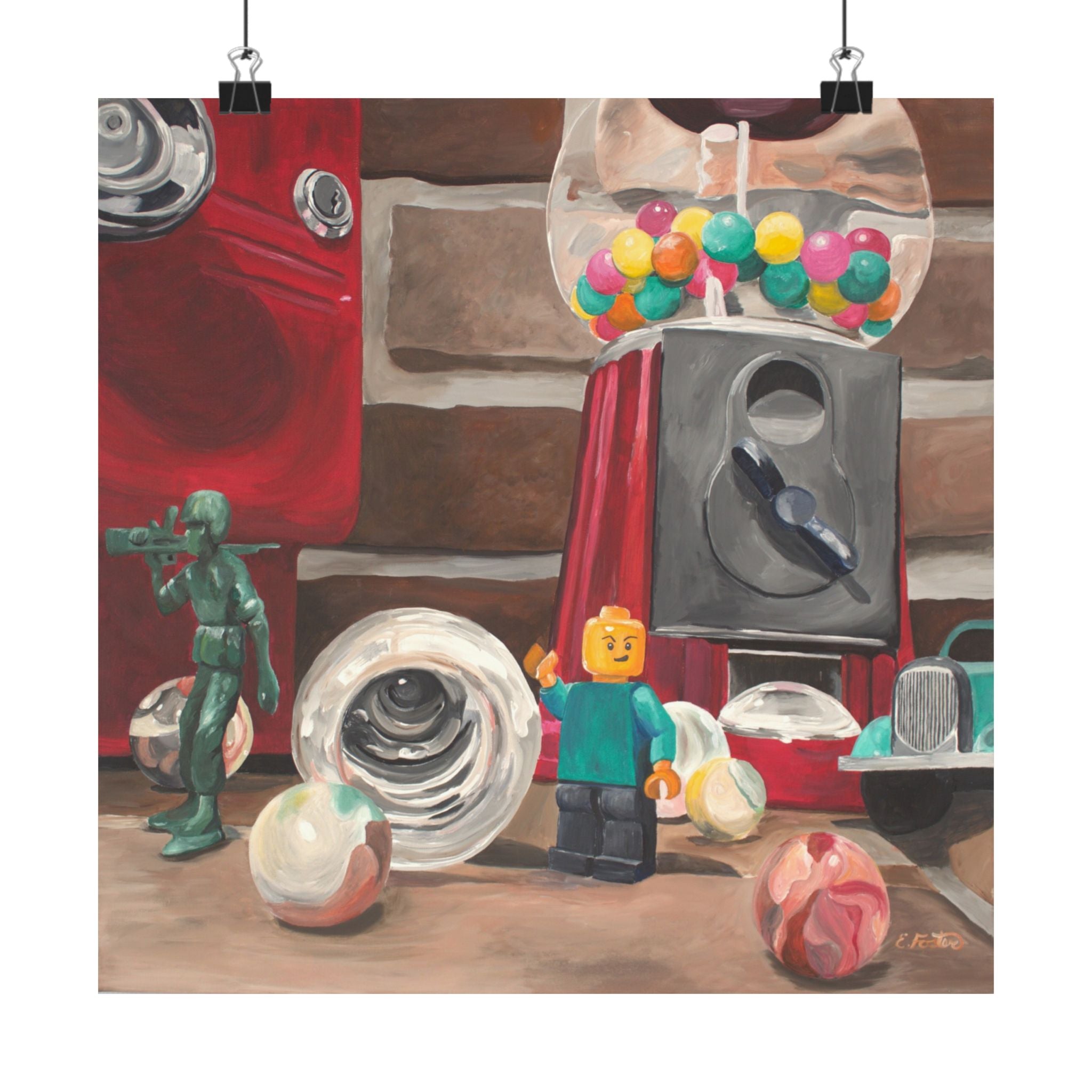 Retro Toy Still Life Poster — Gumball Machine & Vintage Toys Matte Vertical Print