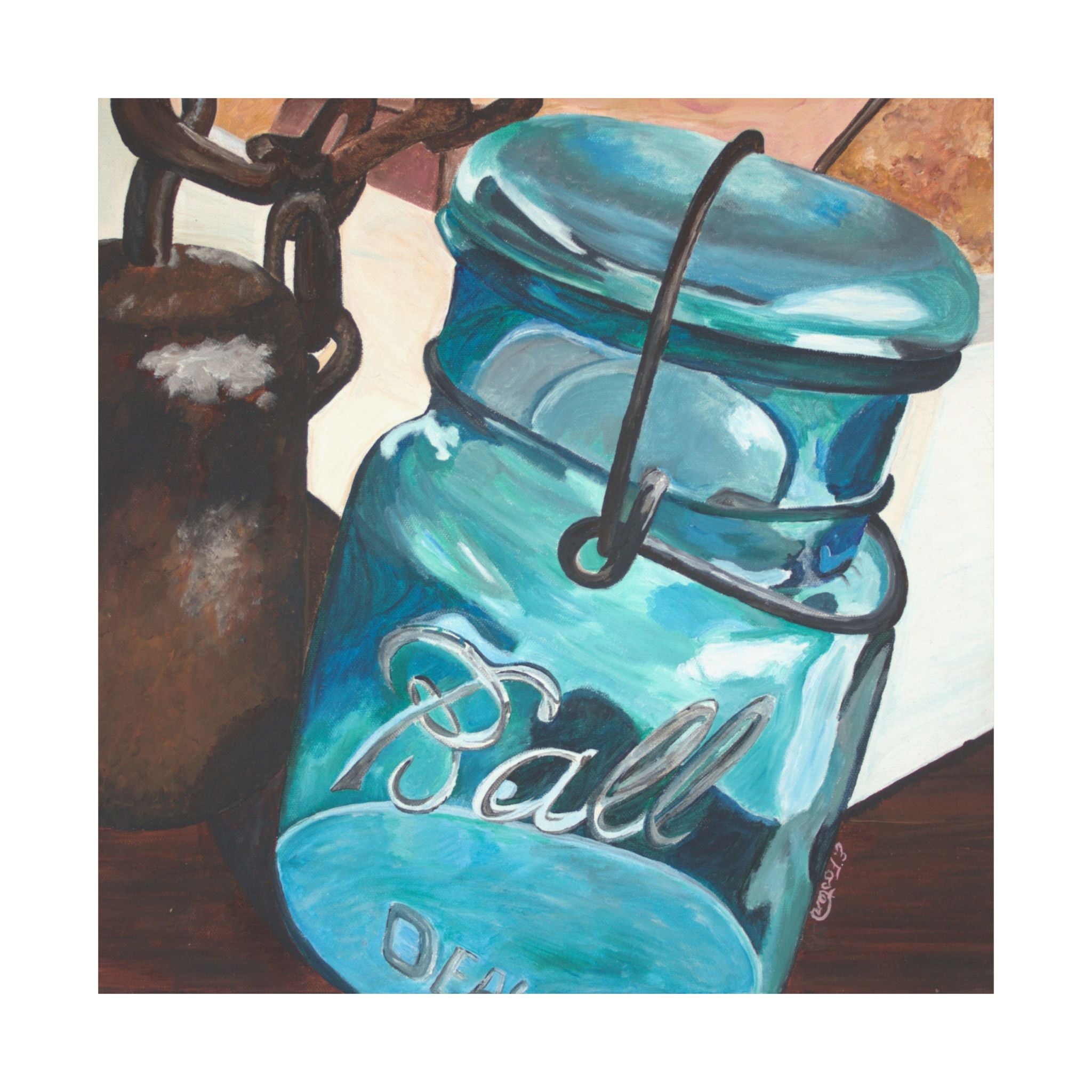 Mason Jar Still Life Matte Poster — Vintage Blue Ball Jar Wall Art