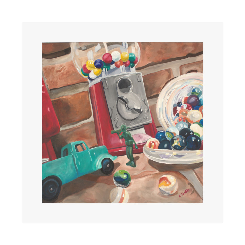 Vintage Toy Still Life Matte Poster — Gumball Machine, Marbles & Toy Truck Art Print