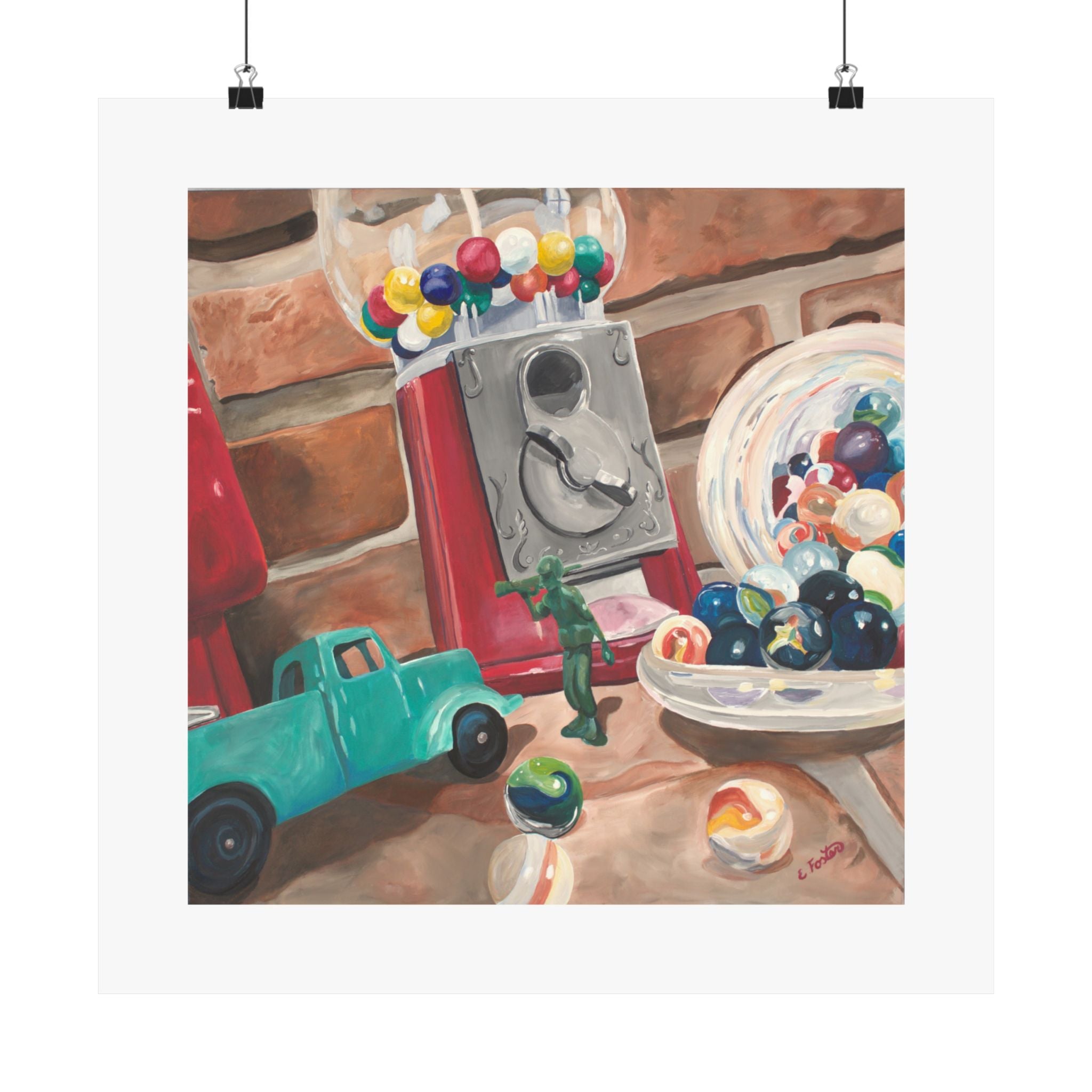 Vintage Toy Still Life Matte Poster — Gumball Machine, Marbles & Toy Truck Art Print